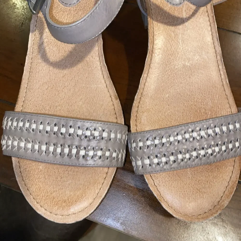 Nurture Taupe Leather Sandals Comfort Ankle Strap 3” Block Heel Weaved Design 10